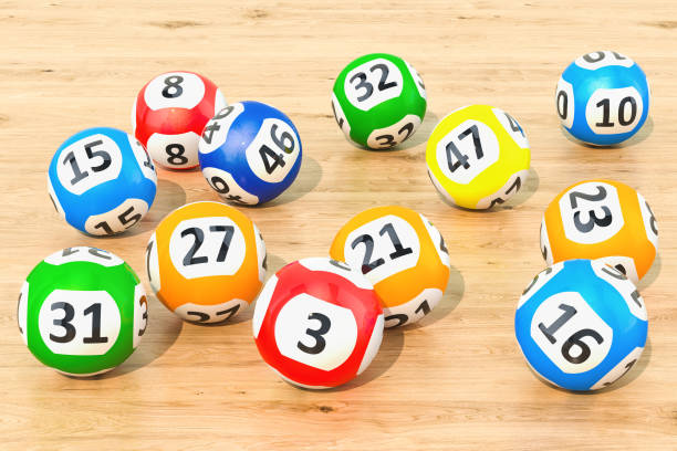 loterie agrandi de boules sur la table en bois, 3d rendering - lottery balls photos et images de collection