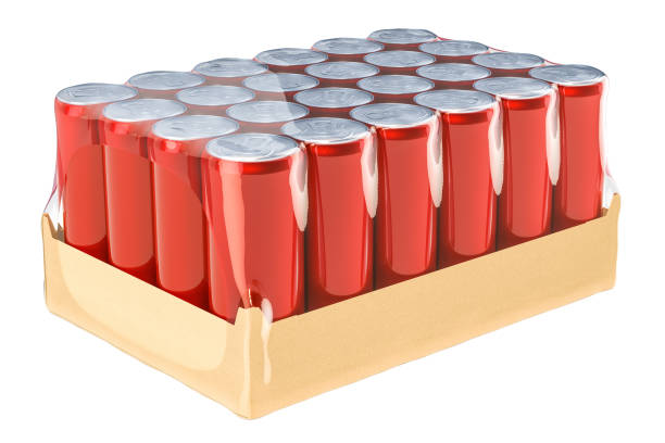 istock Red metallic drink cans in shrink film, 3D rendering isolated on white background 955833744