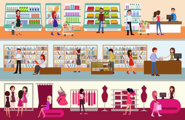 illustrazioni stock, clip art, cartoni animati e icone di tendenza di centro commerciale interno. persone che fanno shopping - bookstore