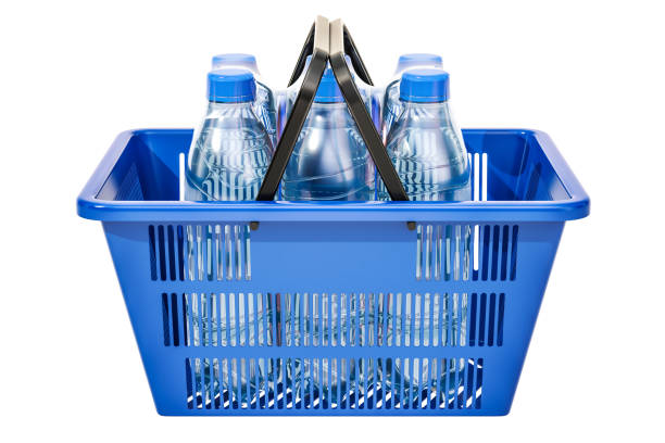istock Shopping basket with milk bottles. 3D rendering isolated on white background 955833780