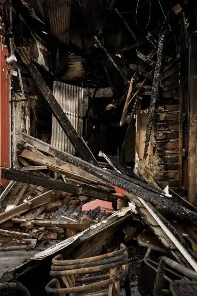 Photo of Burnt down building with wood beams destroyed