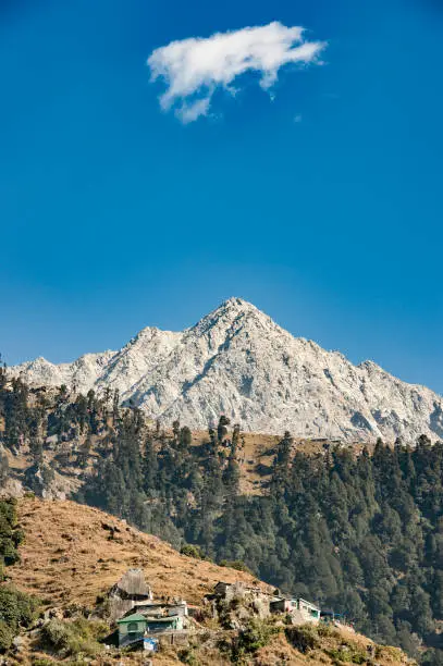 A distant view of Dhauladhar Mountain ranges during a sunny day. Triund, Dharamshala, Himachal Pradesh. India