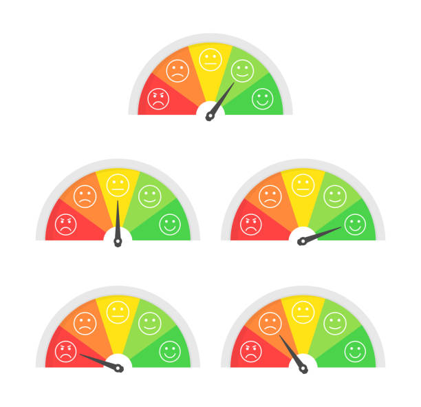 ilustraciones, imágenes clip art, dibujos animados e iconos de stock de medidor de satisfacción de cliente de calificación. diferentes emociones. elemento gráfico del concepto abstracto de tacómetro, velocímetro, indicadores, puntuación. ilustración de vector. - obedience expressing positivity aspirations rudeness