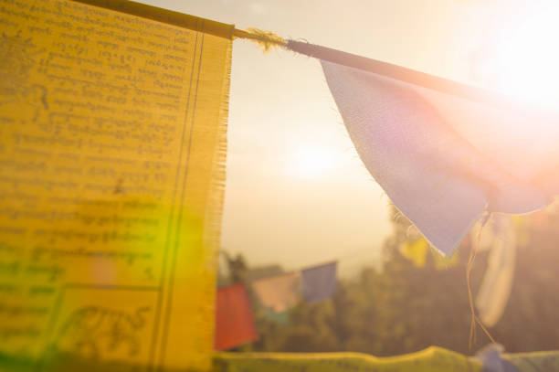 istock 'Selective focus' Close-up view of some colorful Tibetan flags illuminated by a beautiful sunset in the summit of a Himalayan mountain forest 955850558
