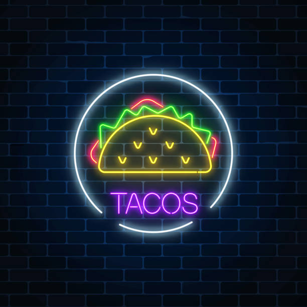 illustrazioni stock, clip art, cartoni animati e icone di tendenza di segno luminoso al neon di tacos in cornice circolare su uno sfondo scuro di muro di mattoni. simbolo del cartellone luminoso fastfood. - beer backgrounds nobody bright