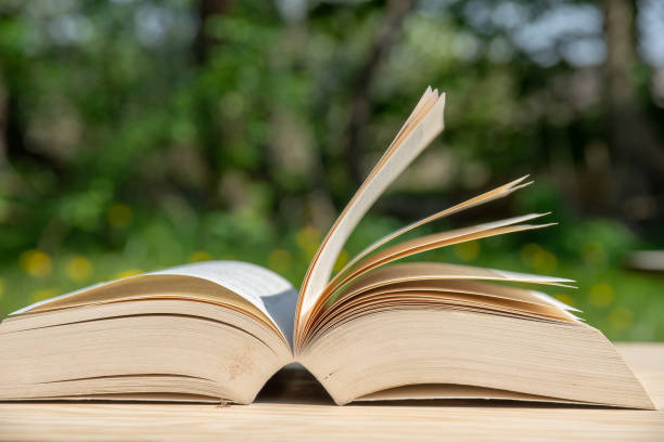 istock Book on a wooden table. Cards moved by the wind. 955854124
