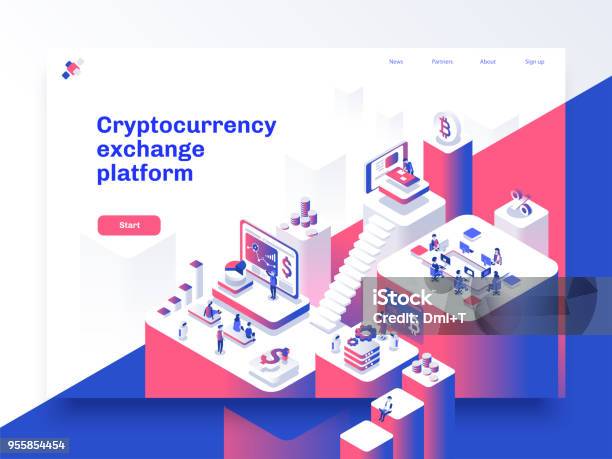 Cryptocurrency And Blockchain Isometric Composition With People Analysts And Managers Working On Crypto Start Up Landing Page Template Vector Isometric Illustration Stock Illustration - Download Image Now