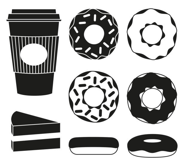 illustrazioni stock, clip art, cartoni animati e icone di tendenza di set silhouette caffè e ciambella in bianco e nero - coffee bagel donut coffee cup