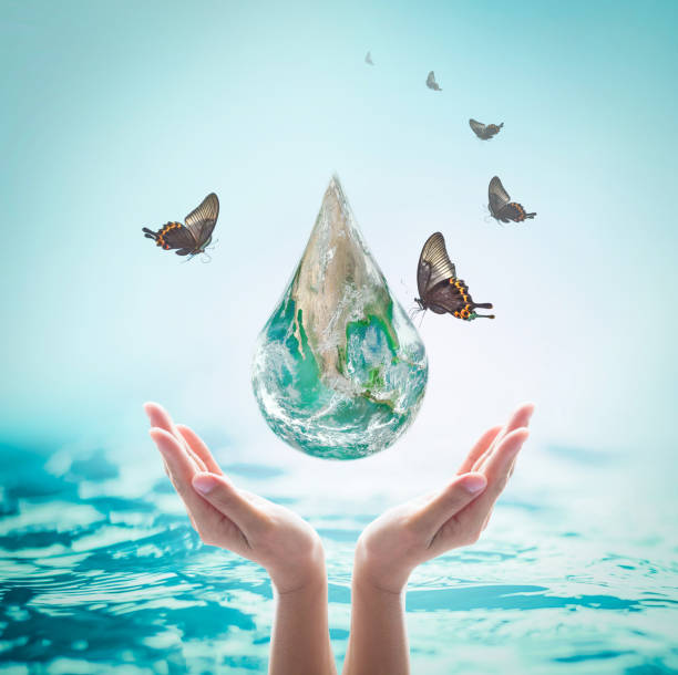 istock World ocean day, saving water campaign, sustainable ecological ecosystems concept with green earth drop on woman's hands on blue sea background : Element of this image furnished by NASA 955863568
