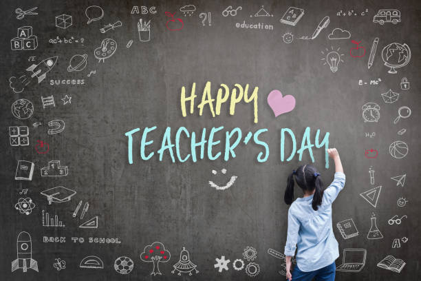istock Happy Teacher's Day greeting for World teachers day concept with school student back view drawing doodle of of learning education graphic freehand illustration icon on black chalkboard 955863838