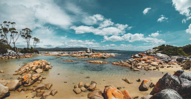 Binalong Bay, Bay of Fires, Tasmania Stitched panorama. Shot with Nikon D800E. bay of fires photos stock pictures, royalty-free photos & images