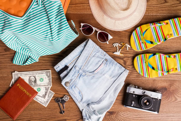 istock Summer female clothes and accessories flat lay. 955886506
