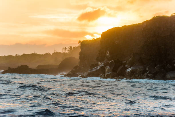 This is a color photograph of the Pacific Ocean along the coast of Volcanoes National Park on the Big Island, Kona, Hawaii. Water fills the foreground. the volcanic landscape is backlit.
