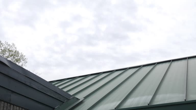 Panning down over a green metal roof on a building