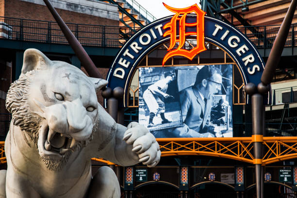 Comerica Park in Detroit, Michigan Detroit, Michigan, USA - July 30, 2017: Comerica Park is an open-air ballpark located in Downtown Detroit. It serves as the home of the Detroit Tigers of Major League Baseball, replacing Tiger Stadium in 2000.
The park is named after Comerica Bank, which was founded in Detroit and was based there when the park opened. While Comerica has since moved its headquarters to Dallas, the bank still retains a large presence in the Detroit area. The stadium's seating capacity is 41,299. Downtown public transportation for the park is available via the Detroit People Mover station at Grand Circus Park, and the QLine at the Montcalm Street station. Comerica Park sits on the original site of the Detroit College of Law. comerica park photos stock pictures, royalty-free photos & images