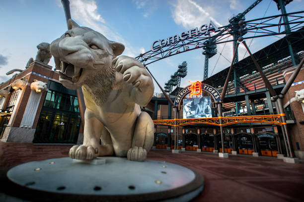 Comerica Park in Detroit, Michigan Detroit, Michigan, USA - July 30, 2017: Comerica Park is an open-air ballpark located in Downtown Detroit. It serves as the home of the Detroit Tigers of Major League Baseball, replacing Tiger Stadium in 2000.
The park is named after Comerica Bank, which was founded in Detroit and was based there when the park opened. While Comerica has since moved its headquarters to Dallas, the bank still retains a large presence in the Detroit area. The stadium's seating capacity is 41,299. Downtown public transportation for the park is available via the Detroit People Mover station at Grand Circus Park, and the QLine at the Montcalm Street station. Comerica Park sits on the original site of the Detroit College of Law. comerica park photos stock pictures, royalty-free photos & images