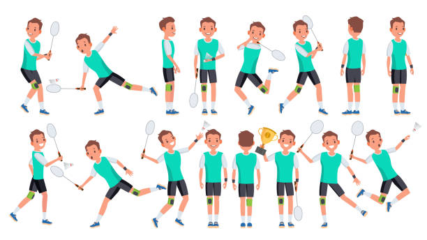 illustrazioni stock, clip art, cartoni animati e icone di tendenza di badminton player vettore maschile. attività estiva. allenamento campionato. illustrazione isolata del personaggio del cartone animato piatto - head quarters