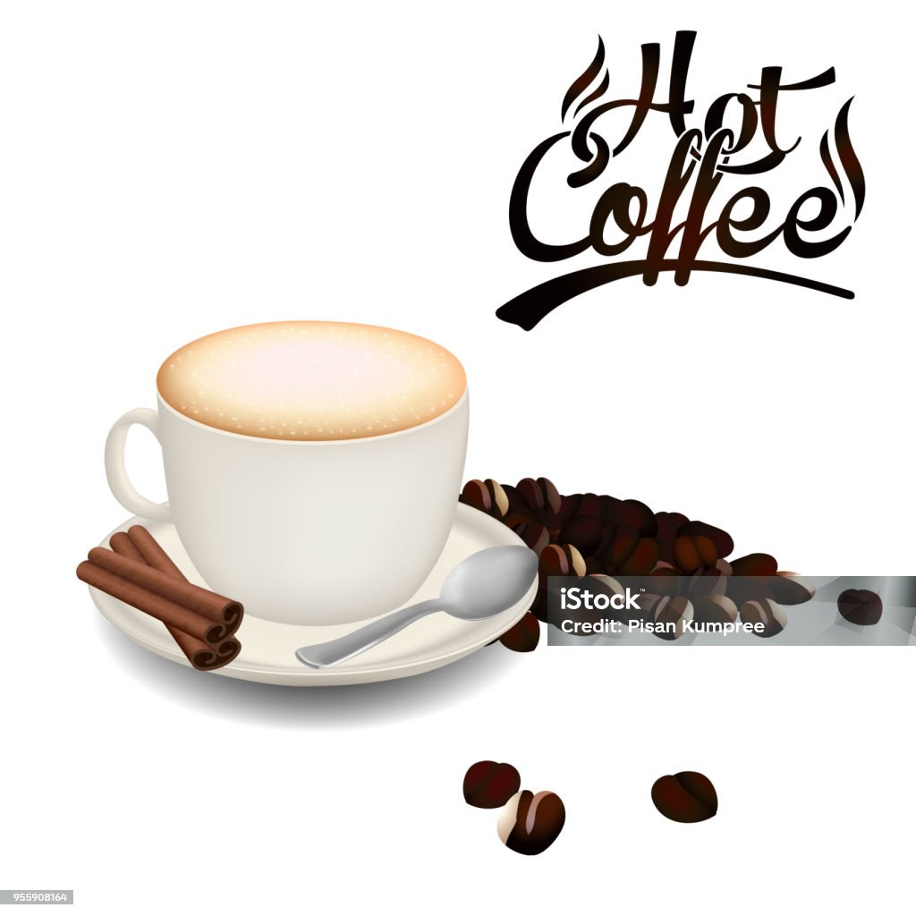 Hot Coffee White Coffee Cup Coffee Bean White Background Vector ...