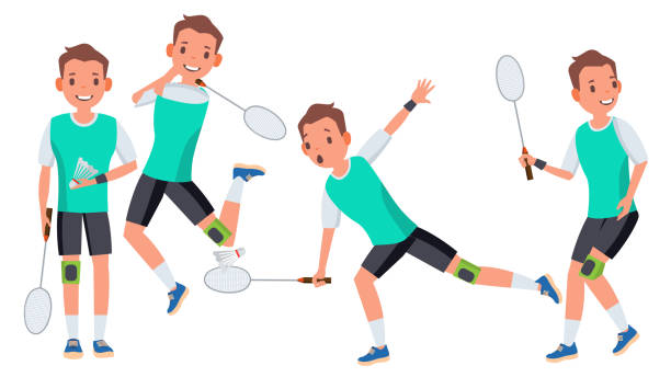 Badminton Man Player Male Vector. Athlete In Uniform. Jumping, Practicing. Cartoon Athlete Character Illustration Badminton Male Player Vector. In Action. Racket. Modern Sport, Hobby. Holding Shuttlecock. Cartoon Character Illustration badminton racquet stock illustrations