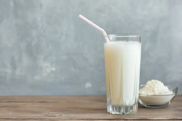 Vanilla Protein Shake. Healthy Sport Fitness Drink with Whey Protein. Vanilla Milkshake.