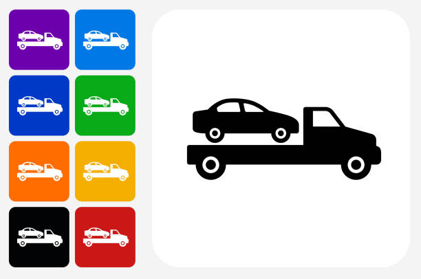 Car Transport Icon Square Button Set Car Transport Icon Square Button Set. The icon is in black on a white square with rounded corners. The are eight alternative button options on the left in purple, blue, navy, green, orange, yellow, black and red colors. The icon is in white against these vibrant backgrounds. The illustration is flat and will work well both online and in print. indigo truck stock illustrations
