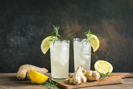 Ginger Ale - Homemade lemon and ginger organic soda drink, copy space.