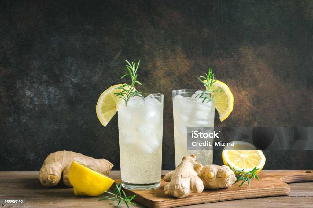 Ginger Ale Ginger Ale - Homemade lemon and ginger organic soda drink, copy space. Ginger - Spice Stock Photo