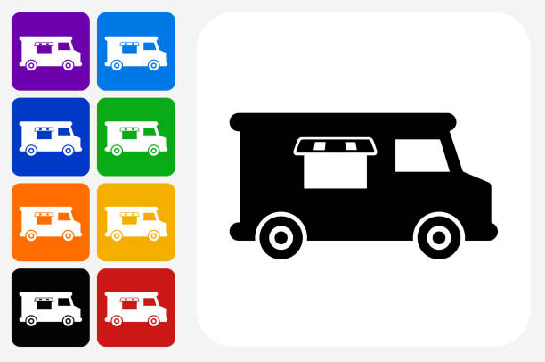 Food Truck Icon Square Button Set Food Truck Icon Square Button Set. The icon is in black on a white square with rounded corners. The are eight alternative button options on the left in purple, blue, navy, green, orange, yellow, black and red colors. The icon is in white against these vibrant backgrounds. The illustration is flat and will work well both online and in print. indigo truck stock illustrations