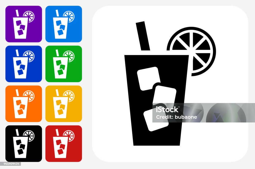 Cold Drink Icon Square Button Set Cold Drink Icon Square Button Set. The icon is in black on a white square with rounded corners. The are eight alternative button options on the left in purple, blue, navy, green, orange, yellow, black and red colors. The icon is in white against these vibrant backgrounds. The illustration is flat and will work well both online and in print. Agriculture stock vector