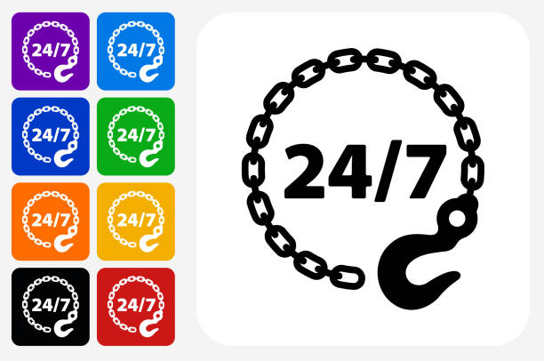 24/7 abschleppen service symbol square buttonset - abschleppen stock-grafiken, -clipart, -cartoons und -symbole
