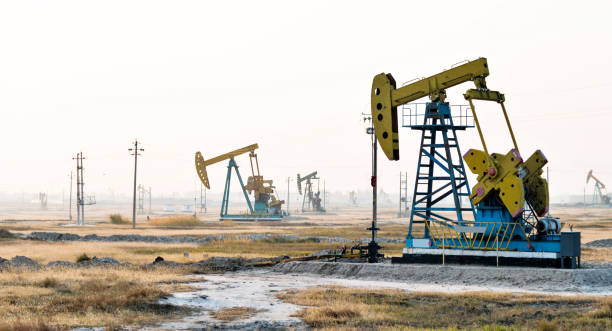 Oil pumps working under the sky Oil pumps working under the sky oil derrick crane crane exploration stock pictures, royalty-free photos & images