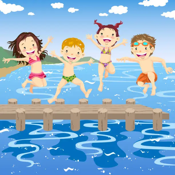 Vector illustration of Kids Jumping Into Lake