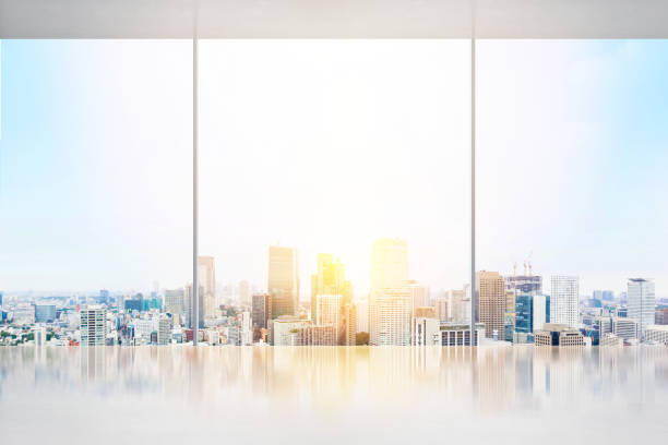 istock empty concrete ground and window with japan skyline for display or mock up 955912800
