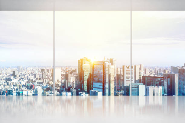 istock empty concrete ground and window with japan skyline for display or mock up 955913056