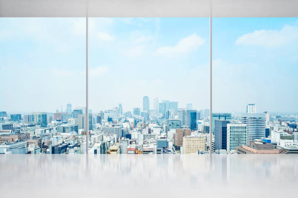 istock empty concrete ground and window with japan skyline for display or mock up 955913254