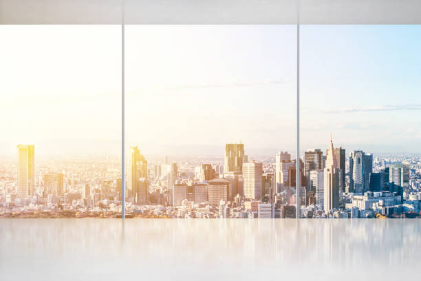 istock empty concrete ground and window with japan skyline for display or mock up 955913298