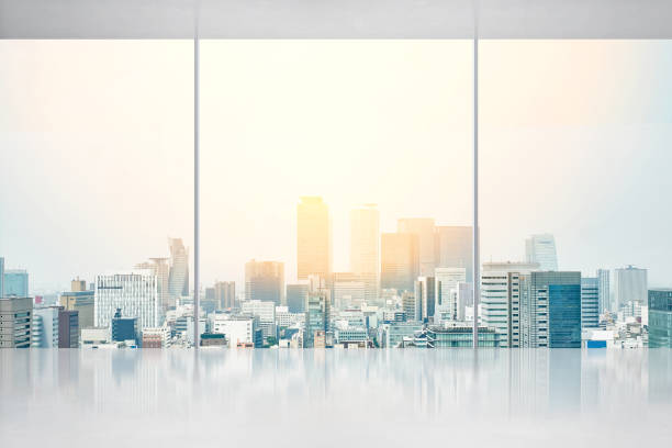 istock empty concrete ground and window with japan skyline for display or mock up 955913392