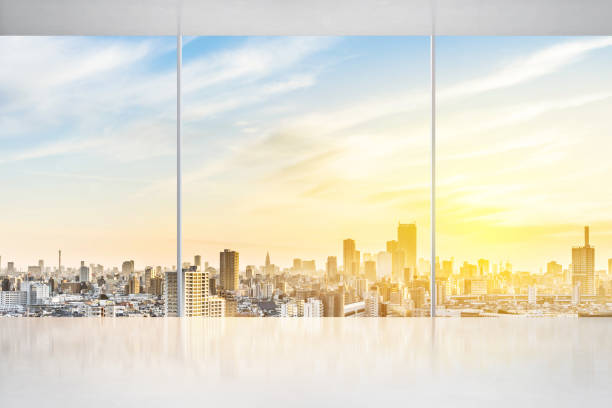 istock empty concrete ground and window with japan skyline for display or mock up 955913456