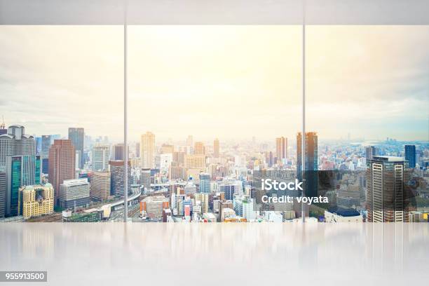 Empty Concrete Ground And Window With Japan Skyline For Display Or Mock Up Stock Photo - Download Image Now