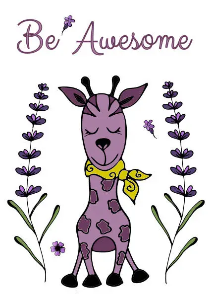 Vector illustration of Вектор , Be awesome postcard, lilac giraffe and lavender, a concept of originality, unusualness, not like everyone else