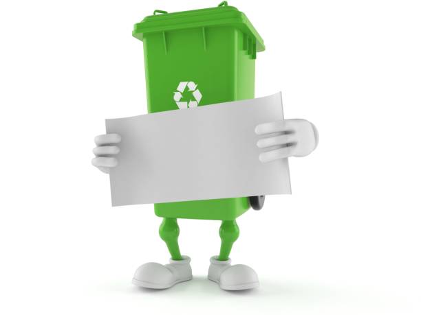 istock Dustbin character holding blank sheet of paper 955916294