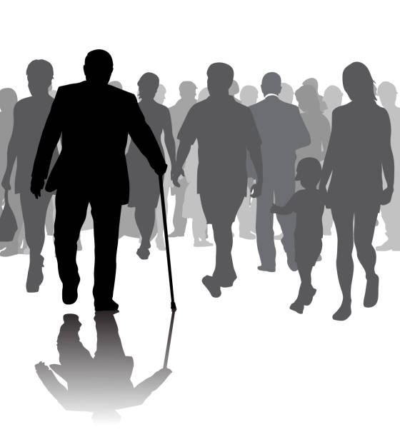 No Help Needed Old Man Crosswalk Senior man walking confidently with a cane through a crowd of people silhouette mother child crowd stock illustrations