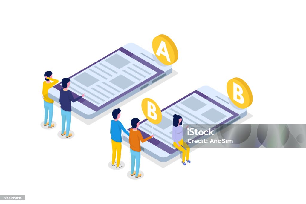 A-B comparison. Split testing isometric concept. Vector illustration. Scientific Experiment stock vector