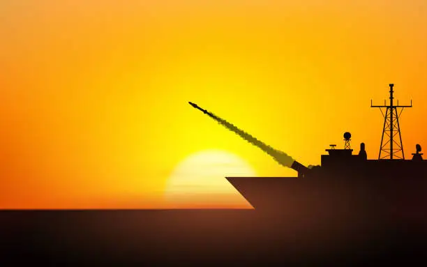 Vector illustration of Silhouette Warship fires Cruise Missiles in flat icon design with sunset sky background