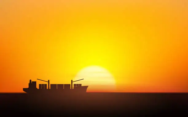 Vector illustration of Silhouette commercial container ships in flat icon design with sunset sky background