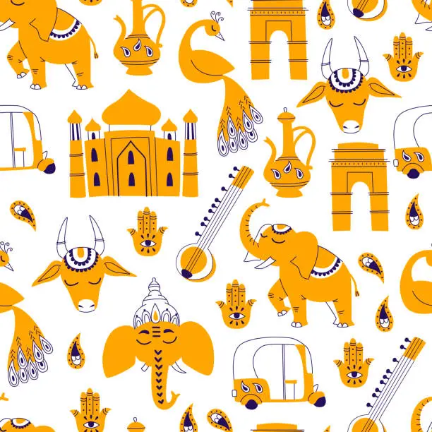 Vector illustration of Seamless Pattern with India Icons: Elephant, Cow, Ganesha, Taj mahal, Indian gate on White Background.