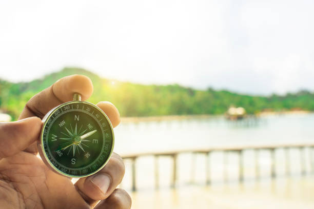 istock holding compass on blurry background. Using wallpaper or background travel or navigator image. 955921962
