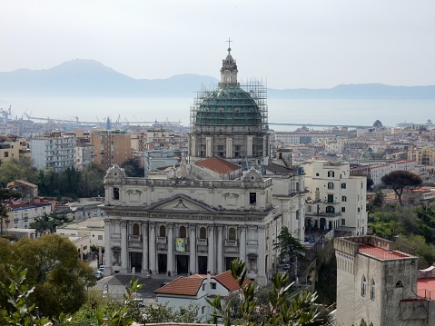 Naples, Campania, Italy - April 11, 2018: Basilica of the Incoronata seen from the top of Capodimonte