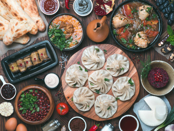 istock Georgian cuisine on wooden table, top view 955926470
