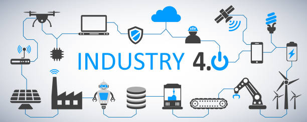 Industry 4.0 infographic factory of the future – stock vector Industry 4.0 infographic factory of the future – stock vector global conveyor belt stock illustrations